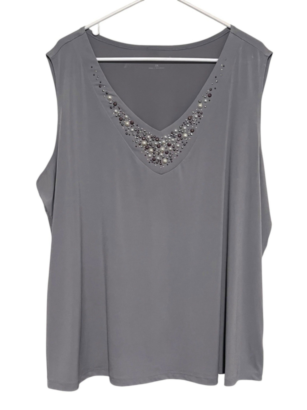 Susan Graver Pearl Studded Sleeveless Top Women’s 3X Gray Liquid Knit V-neck